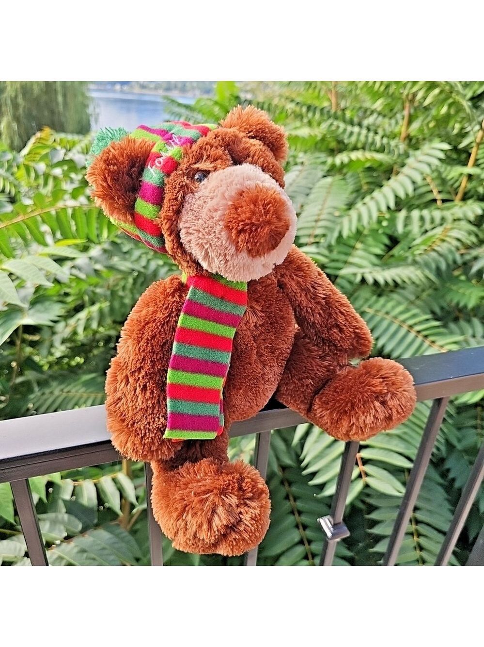 Fossil Brown Bear Green Striped Hat Scarf Plush Stuffed Animal Toy 13" CLEAN